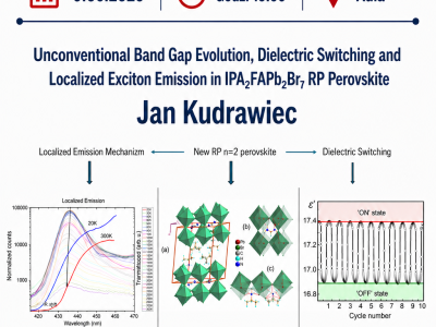 <p>PhD seminar will take place next Tuesday, 9 June 2026, at 10:00 am in Aula. You are welcome to attend!</p>
<p><img src="images/Aktualnosci/2026/Sem_9.06.2026.png" alt="Seminar 9.06.202" width="386" height="546" style="margin: 0px auto 5px; display: block;"></p>
<p><strong><i>"</i></strong><i>Unconventional Band Gap Evolution, Dielectric Switching and Localized Exciton Emission in IPA<sub>2</sub>FAPb<sub>2</sub>Br<sub>7</sub> RP Perovskite<strong>"</strong></i></p>
<p>Jan Kudrawiec</p>
<p><strong><i>"</i></strong><i>Unexpected formation of polymorphs of 2-azabicycloalcane guanidine during the synthesis via the different methods</i><strong><i>" </i></strong></p>
<p>Mariia Shyshkina</p>